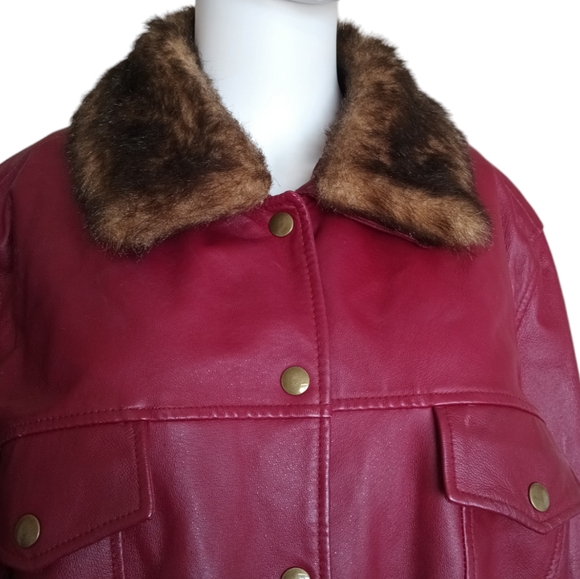 Terry Lewis Large Genuine Leather Jacket Red Snap Up Trucker Faux Fur Lining 1X - Picture 4 of 16
